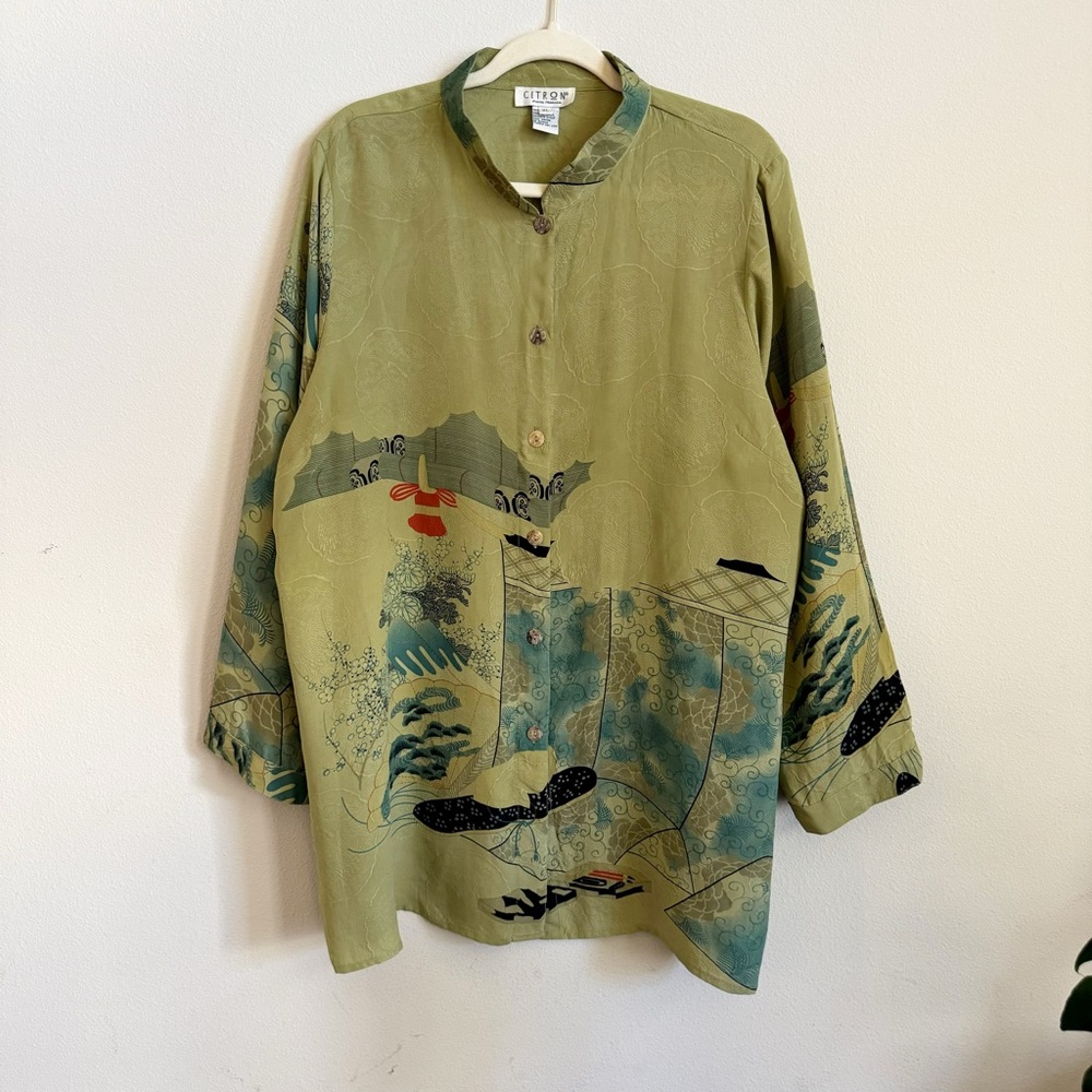 CITRON Santa Monica Silk Blouse Asian Art Long Sleeve Green XL Green
